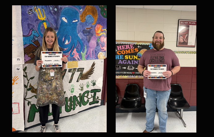 Two recognition photos placed side by side. On the left, a team member stands indoors in front of a colorful mural featuring an octopus and abstract shapes with the word “MUNCI.” They hold a certificate titled “Team Member of the Month,” awarded for dedication and hard work. On the right, another team member stands in a different indoor space with posters and a bulletin board that reads “Here Comes the Sun Again.” They hold a certificate titled “Elevating Excellence – Team Member of the Month,” also awarded for dedication and hard work. Both individuals face the camera and smile while displaying their certificates.